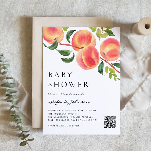 Waterverf Perziken Botanische Baby Shower QR Code Kaart