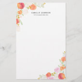 Waterverf perziken en bloemen op maat briefpapier (Voorkant)