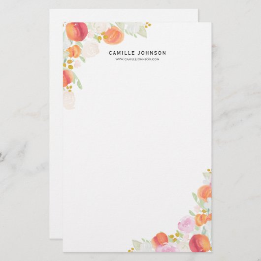 Waterverf perziken en bloemen op maat briefpapier (Voorkant / Achterkant)