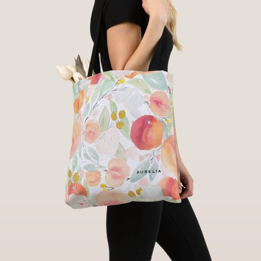 Waterverf perziken en bloemen Patroon Canvas tas (Dichtbij)