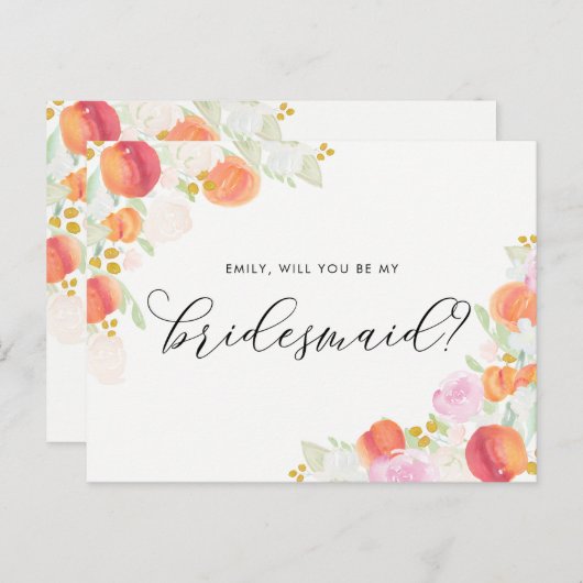 Waterverf Perziken en bloemen zijn mijn Bridesmaid Uitnodiging Briefkaart (Voorkant / Achterkant)