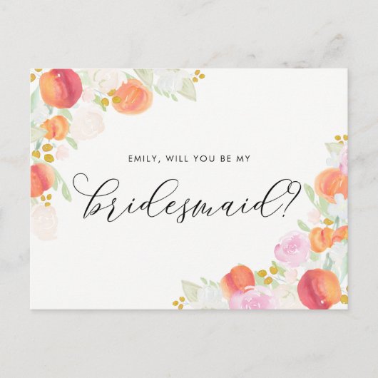 Waterverf Perziken en bloemen zijn mijn Bridesmaid Uitnodiging Briefkaart (Voorkant)