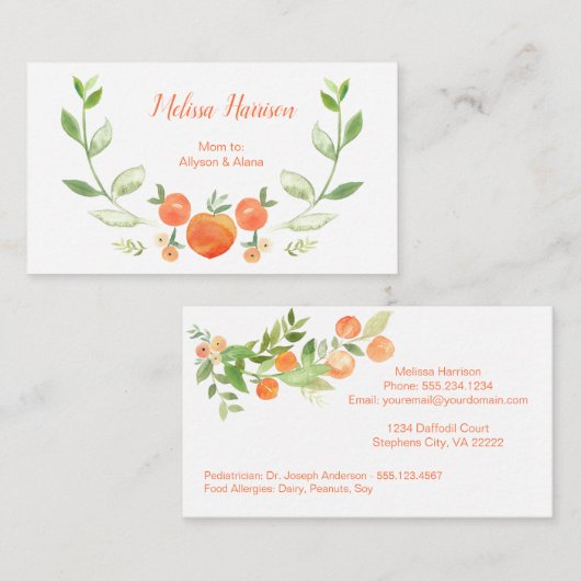 Waterverf Perziken en Greenery Mammie Calling Card Visitekaartje (Voorkant / Achterkant)