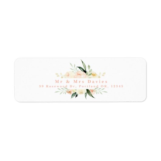 Waterverf perziken en groene florale adressetiket etiket (Voorkant)