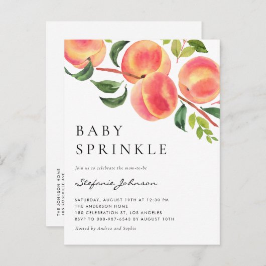 Waterverf perziken zomer Baby sprenkelen Uitnodiging Briefkaart (Voorkant / Achterkant)