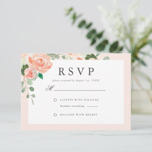 Waterverf Perzikkleurig en bloesse bruiloft RSVP Kaartje (Staand voorkant)