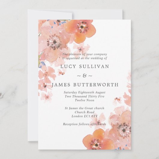 Waterverf Perzikkleurig en grijze Floral Wedding Kaart (Voorkant)