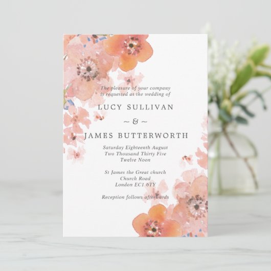 Waterverf Perzikkleurig en grijze Floral Wedding Kaart (Staand voorkant)