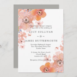 Waterverf Perzikkleurig en grijze Floral Wedding Kaart