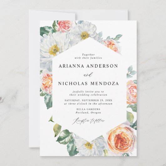 Waterverf Perzikkleurig en wit Lijst bruiloft Kaart (Voorkant)