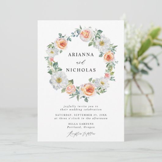 Waterverf Perzikkleurige en witte Floral Wreath We Kaart (Staand voorkant)