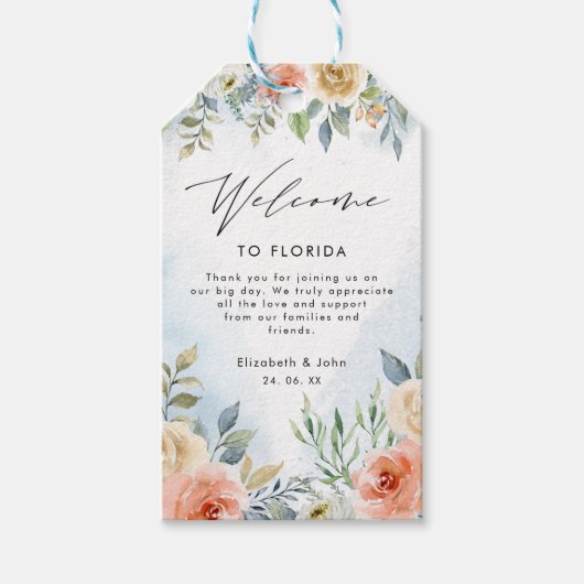 Waterverf Perzikroam Floral Weddenschap Welkomstta Cadeaulabel (Voorkant)