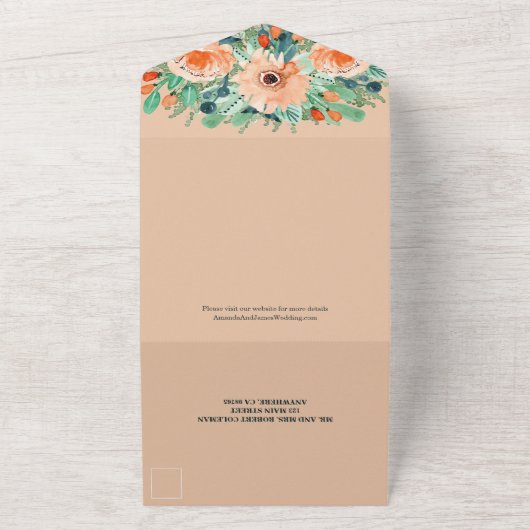 Waterverf Perzische Blauwgroen bruiloft All In One Uitnodiging (Buitenkant)