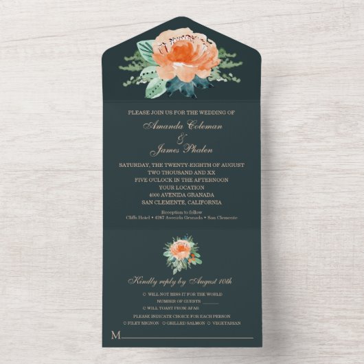 Waterverf Perzische Blauwgroen bruiloft All In One Uitnodiging (Binnen)