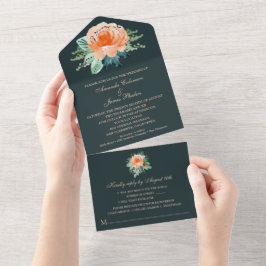 Waterverf Perzische Blauwgroen bruiloft All In One Uitnodiging