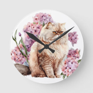 WATERVERF PERZISCHE KAT MET ROZE BLOEMEN RONDE KLOK
