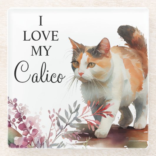 Waterverf Pet Calico Cat met Spring Flowers Glazen Onderzetter (Voorkant)