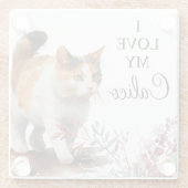 Waterverf Pet Calico Cat met Spring Flowers Glazen Onderzetter (Achterkant)