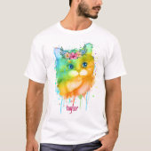 Waterverf Pet Cat met bloemetjes T-shirt (Voorkant)