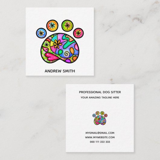 Waterverf Pet Dog Paw Folk Art Sjabloon Vierkante Visitekaartje (Voorkant / Achterkant)