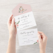 Waterverf Pet Pomeranian Dog & Floral Pink Rose All In One Uitnodiging (Afscheurbaar)