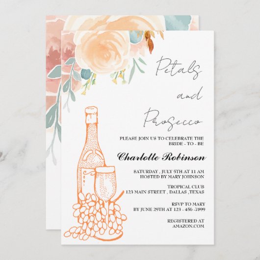 Waterverf Petals en Prosecco Vrijgezellenfeest Kaart (Voorkant / Achterkant)