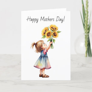 Waterverf peuter met een boeket zonnebloemen bedankkaart
