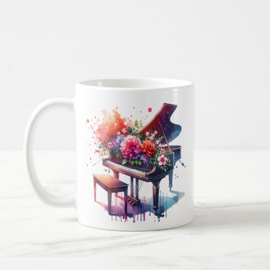 Waterverf Piano en Flowers Gepersonaliseerd Koffiemok (Links)