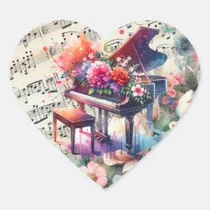 Waterverf Piano en Flowers Hart Sticker