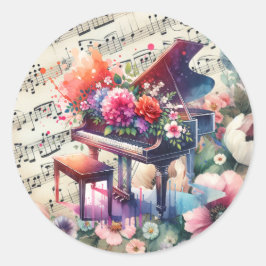 Waterverf Piano en Flowers Ronde Sticker