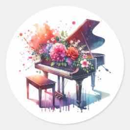 Waterverf Piano en Flowers Ronde Sticker