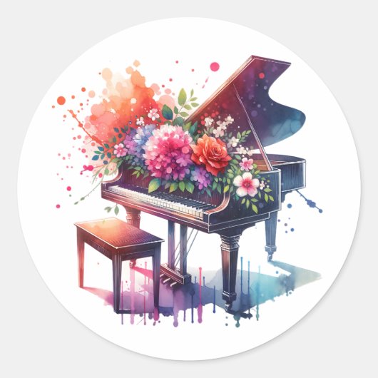 Waterverf Piano en Flowers Ronde Sticker (Voorkant)