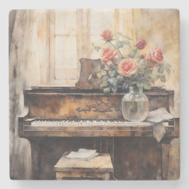 Waterverf Piano & Rozen Vintage Stenen Onderzetter