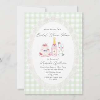 Waterverf Picknick Kant Groene Gingham Bruids Scho Kaart