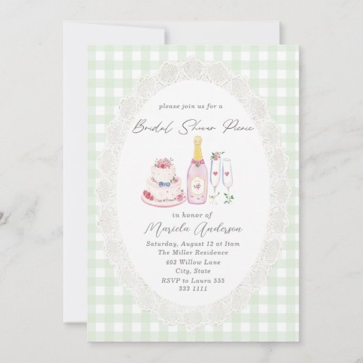 Waterverf Picknick Kant Groene Gingham Bruids Scho Kaart (Voorkant)