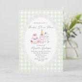 Waterverf Picknick Kant Groene Gingham Bruids Scho Kaart (Staand voorkant)