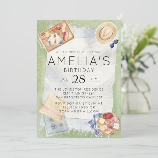 Waterverf Picknick Verjaardag Blauw Gingham Party Kaart (Staand voorkant)