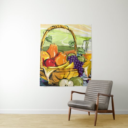Waterverf Picnic Fruit Basket and Wine Tapestry Wandkleed (In situ)