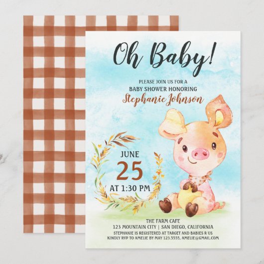 Waterverf Piggy Baby shower Boerderij Invitation Kaart (Voorkant / Achterkant)
