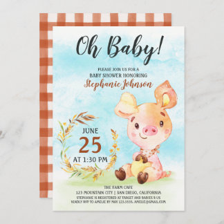 Waterverf Piggy Baby shower Boerderij Invitation Kaart