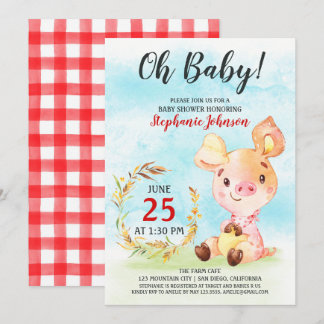 Waterverf Piggy Baby shower Boerderij Invitation Kaart