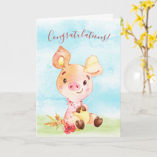 Waterverf Piggy Boerderij Gefeliciteerd Kaart (Gele Bloem)