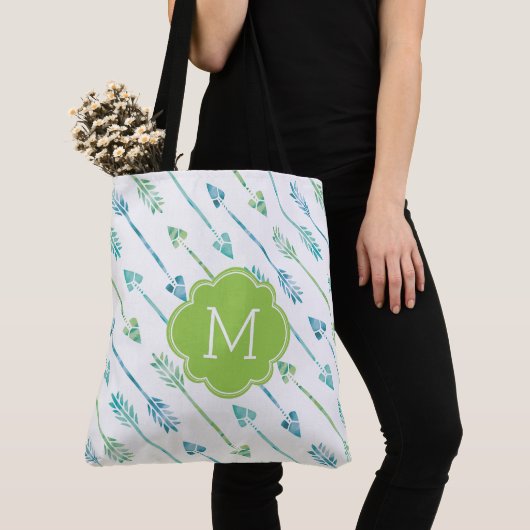 Waterverf pijlen patroon monogrammen tote bag (Dichtbij)