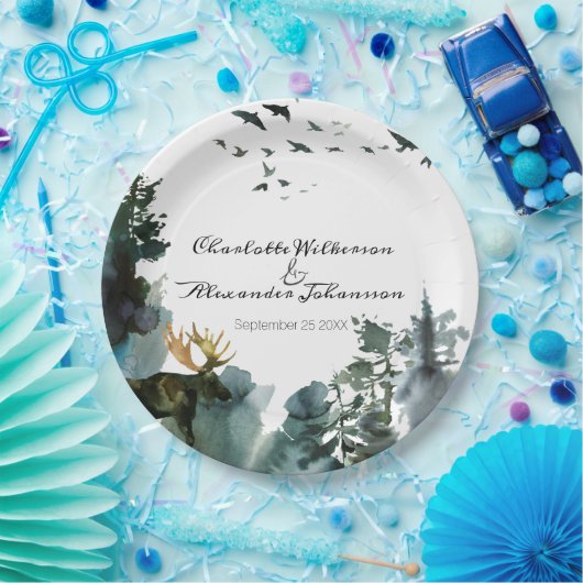 Waterverf Pijnbomen en Moose Pacific Northwest Papieren Bordje (Feest)