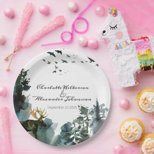 Waterverf Pijnbomen en Moose Pacific Northwest Papieren Bordje (Feest)