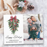 Waterverf pijnbomen kalligrafie inkt foto feestdagenkaart<br><div class="desc">Moderne Elegante Kalligrafie Inktschrift Waterverf Prettige feestdagen Briefkaart Pines Wintergroen met Bourgondische rode lintboog kerstversieringen,  dennenappels en Holly Berries Foto</div>