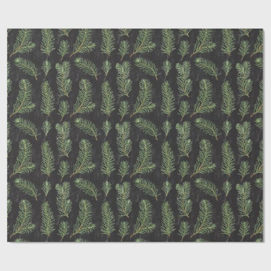 Waterverf pijnbomen vertakken zich op zwarte achte cadeaupapier (Vlak)