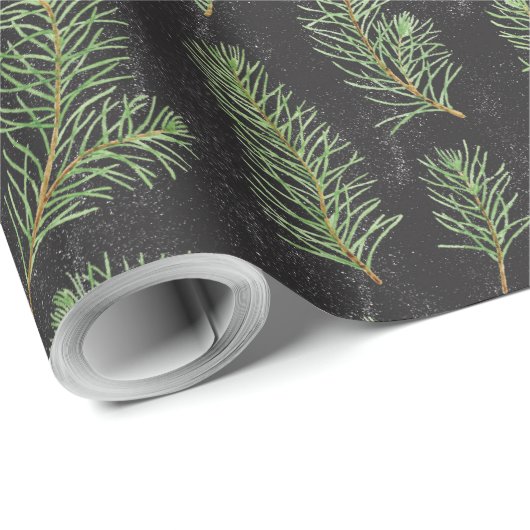 Waterverf pijnbomen vertakken zich op zwarte achte cadeaupapier (Rol Hoek)