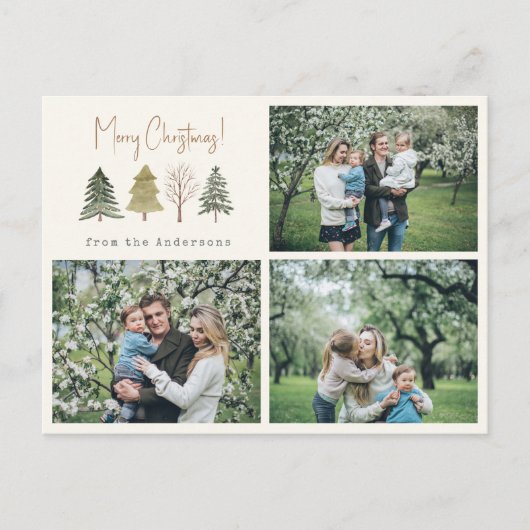 Waterverf Pijnbomen Vrolijk Kerstfeest Foto Feestdagenkaart (Voorkant)