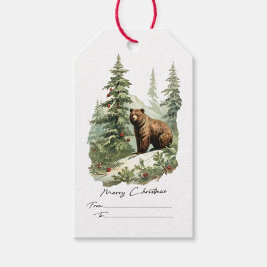  waterverf pijnboom beer kerst cadeaulabel (Voorkant)